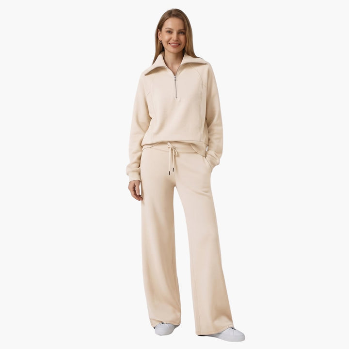 Women's half zip wide leg lounge set in navy close-up of mock collar