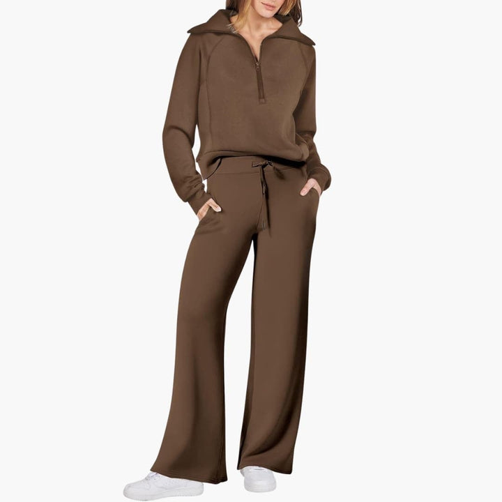 Women's half zip wide leg lounge set in black front view full length