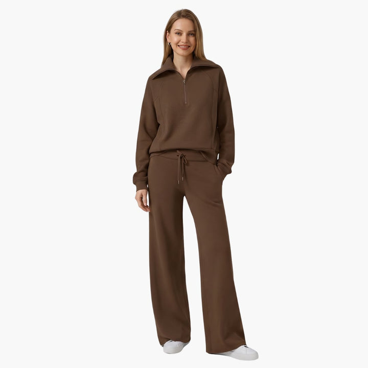 Women's half zip wide leg lounge set in apricot back view