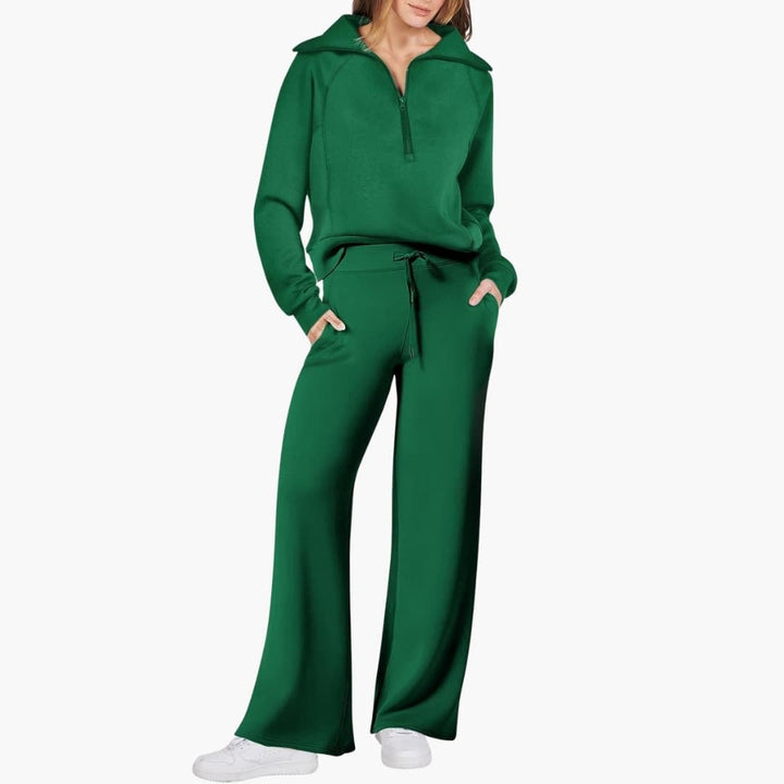 Women's half zip wide leg lounge set in brown full-length side view