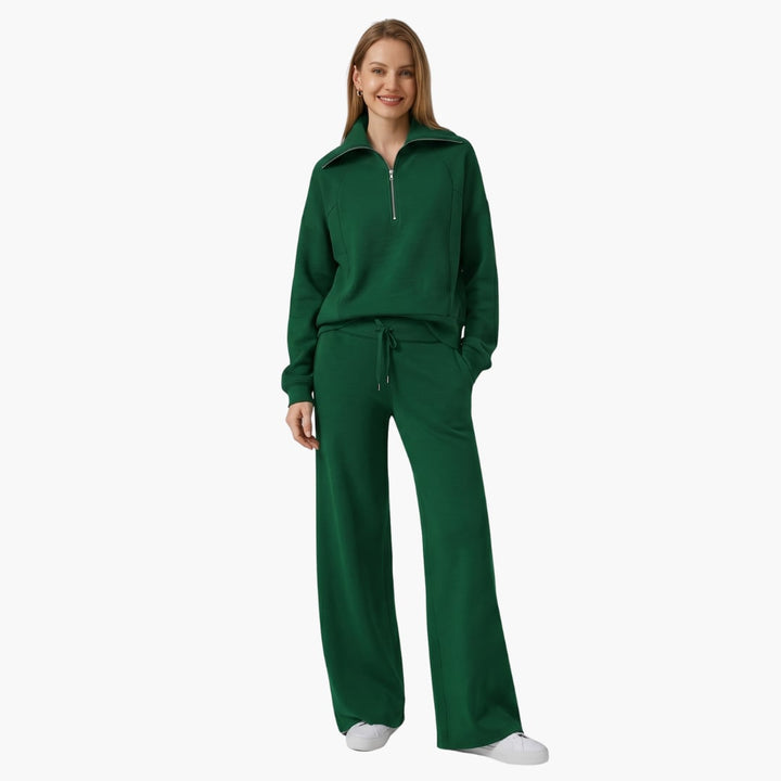 Women's half zip wide leg lounge set in green showing long sleeve detail