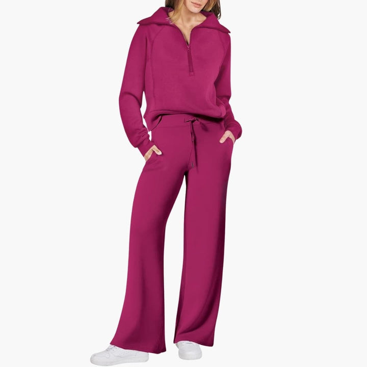 Women's half zip wide leg lounge set in pink full-length front view