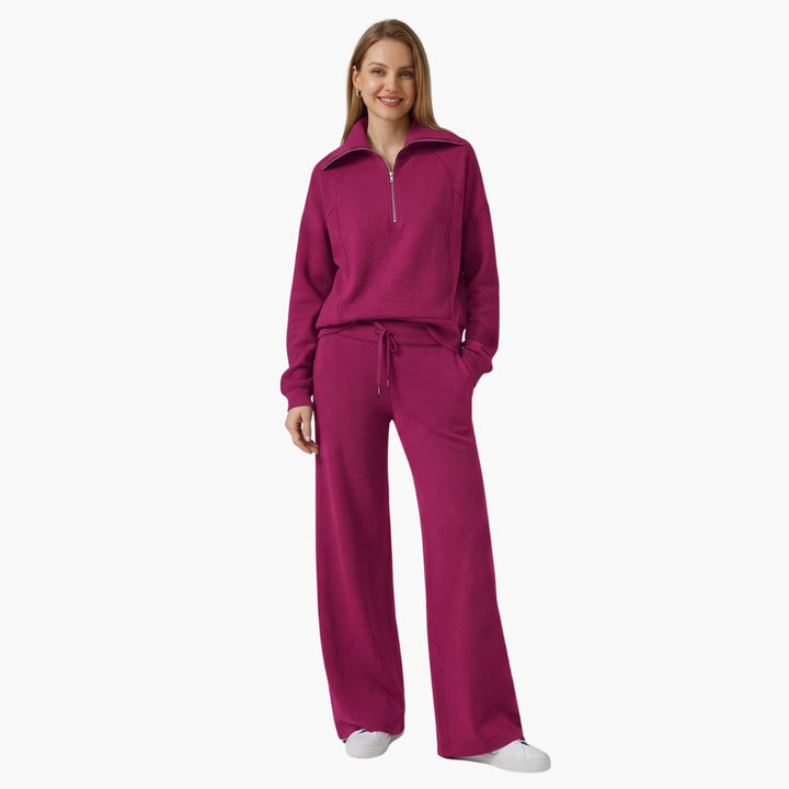 Women's half zip wide leg lounge set in light gray styled casually