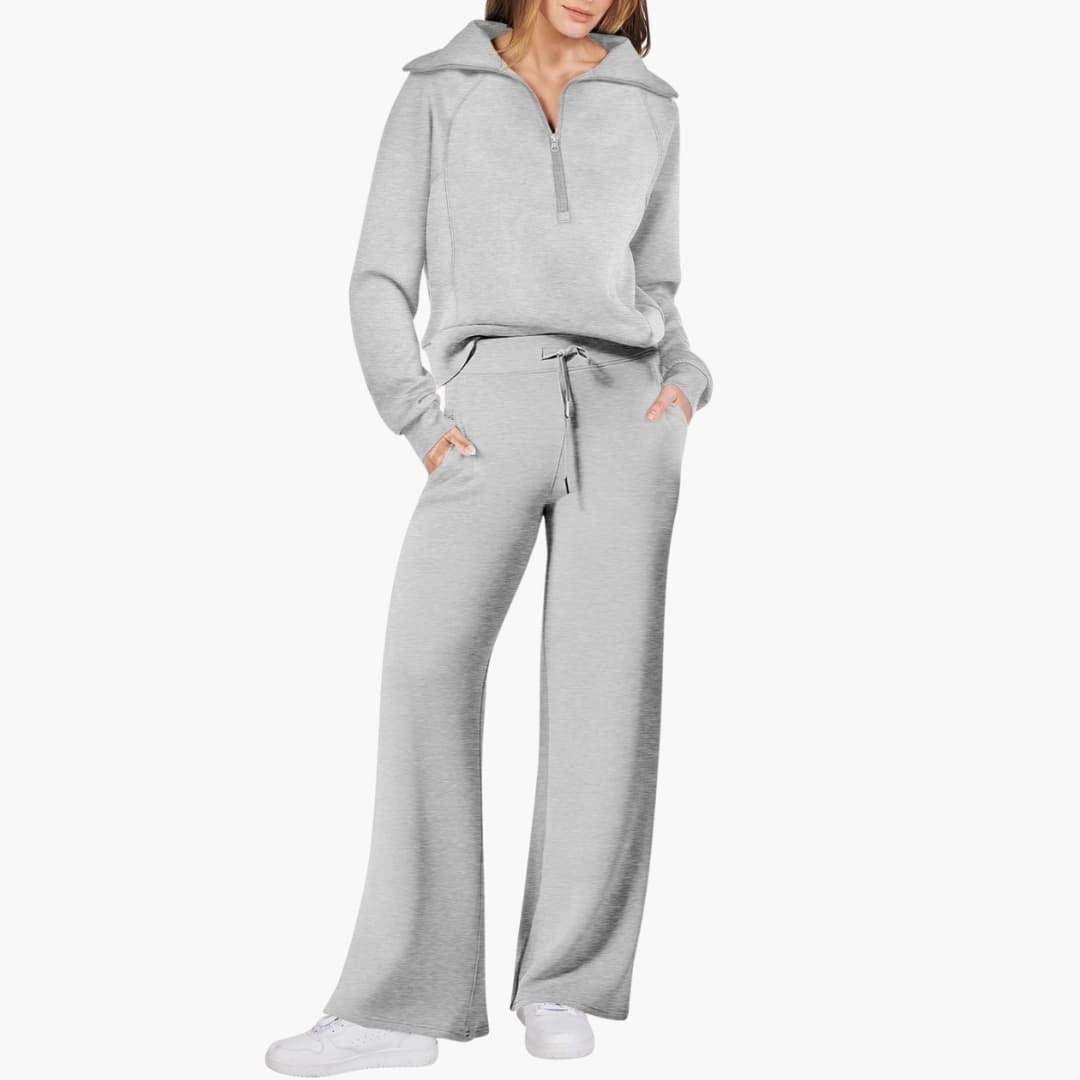 Women's half zip wide leg lounge set in gray close-up of zip closure