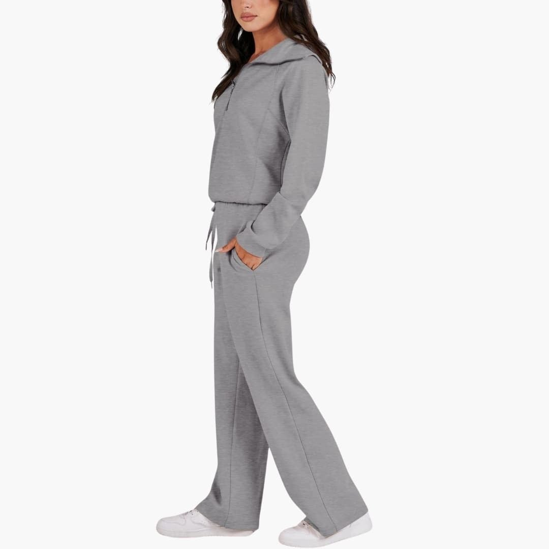 Women's half zip wide leg lounge set in black back view full length