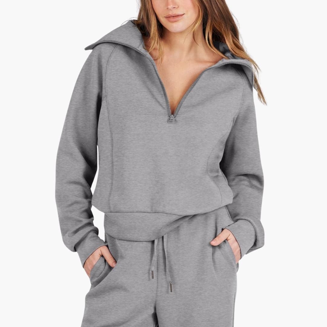 Women's half zip wide leg lounge set in apricot close-up of side pocket