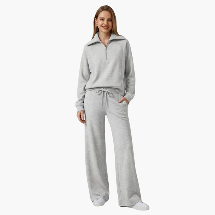 Women's half zip wide leg lounge set in green back view