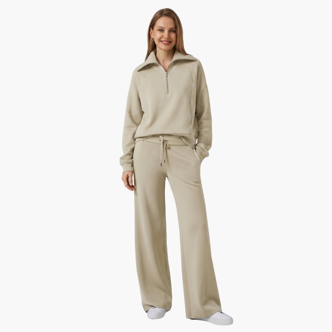 Women's half zip wide leg lounge set in light gray close-up of drawstring waist