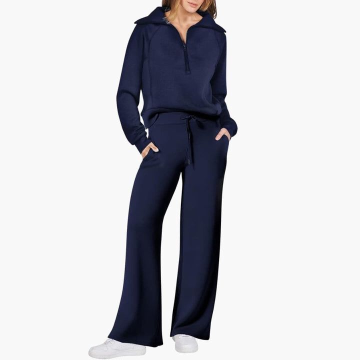 Women's half zip wide leg lounge set in gray full-length back view