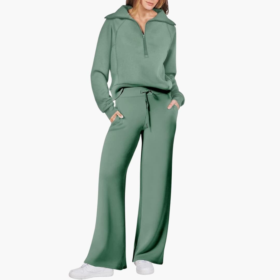 Women's half zip wide leg lounge set in black close-up of wide leg hem