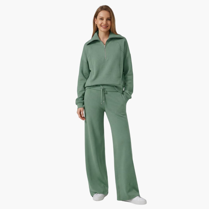 Women's half zip wide leg lounge set in apricot full-length side view
