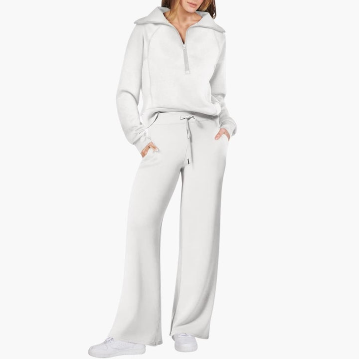 Women's half zip wide leg lounge set in brown back view