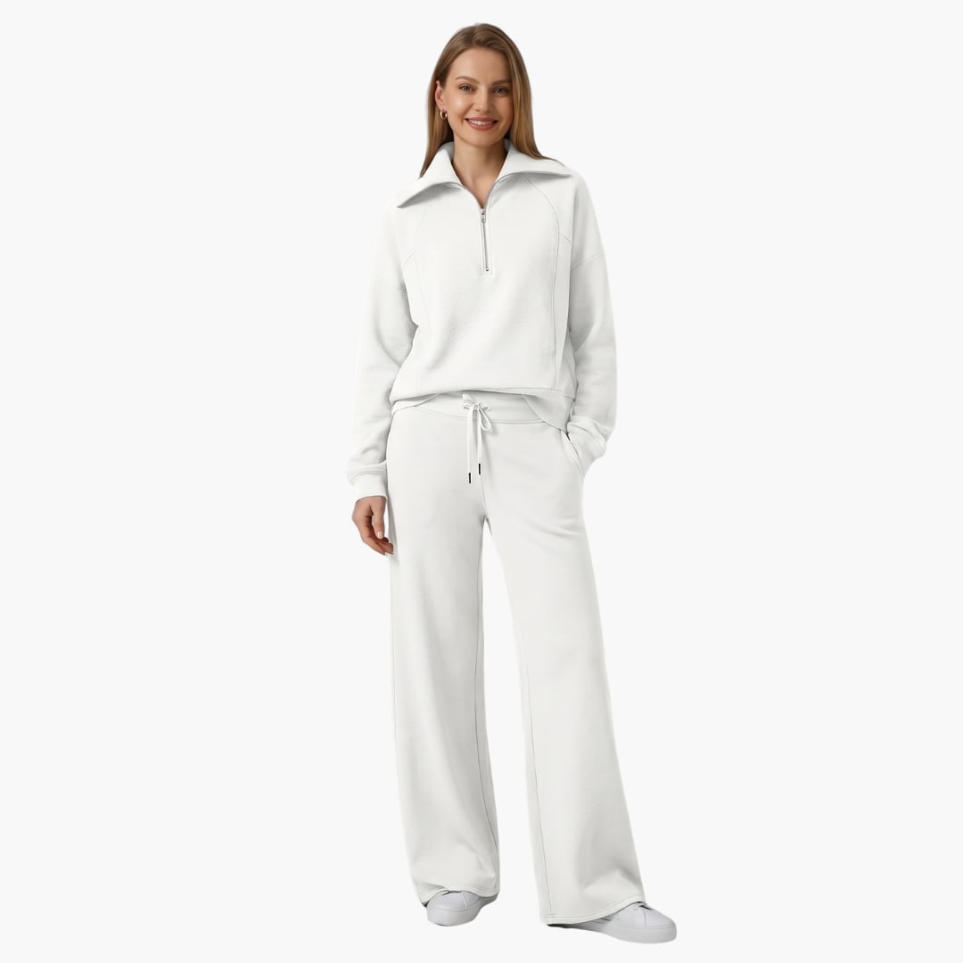 Women's half zip wide leg lounge set in green close-up of half-zip detail