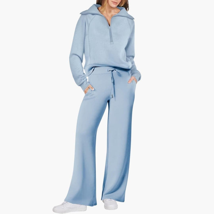 Women's half zip wide leg lounge set in pink back view full length