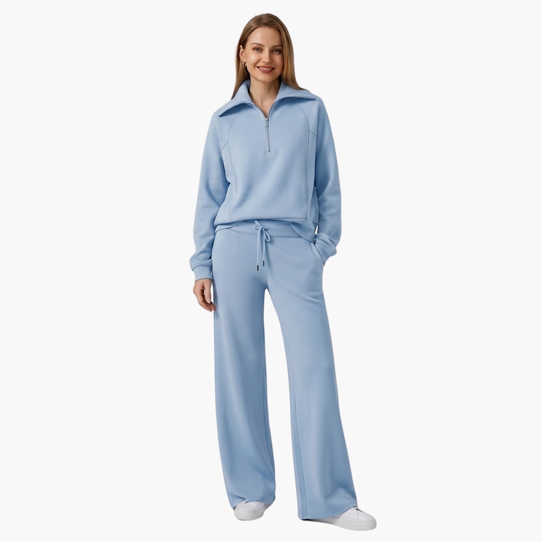 Women's half zip wide leg lounge set in light gray side view full length