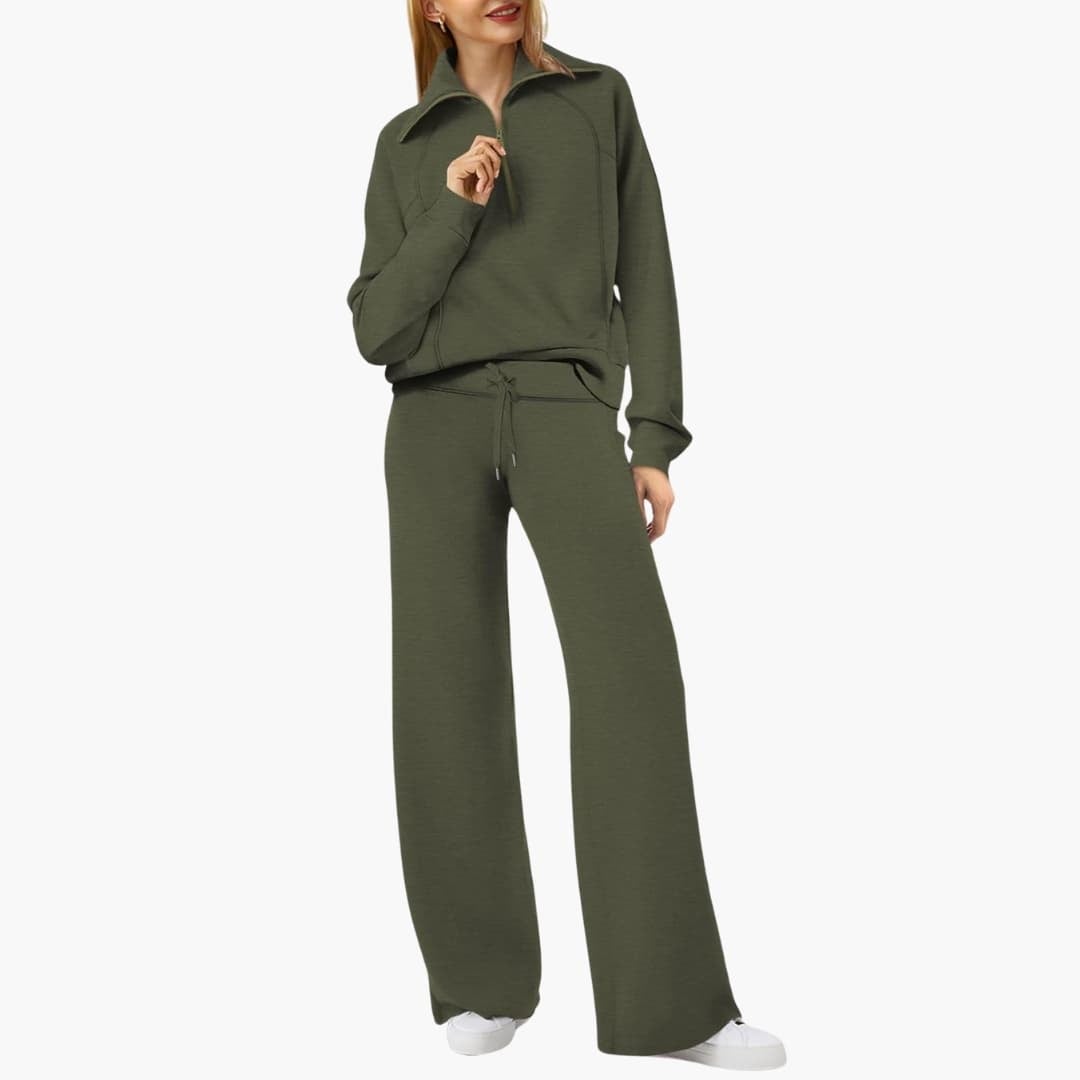 Women's half zip wide leg lounge set in gray styled with slides