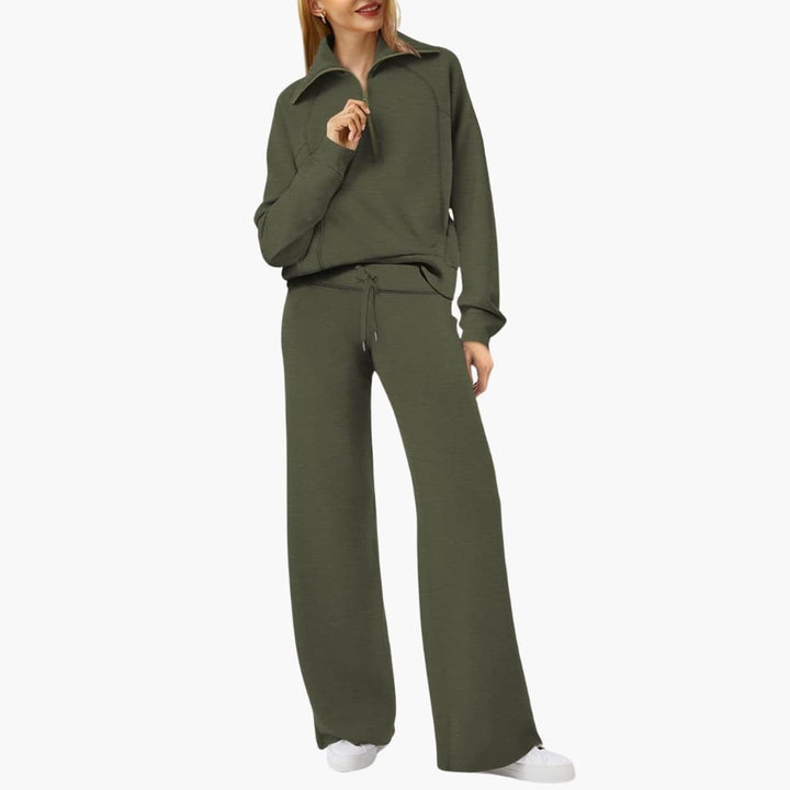 Women's half zip wide leg lounge set in gray styled with slides