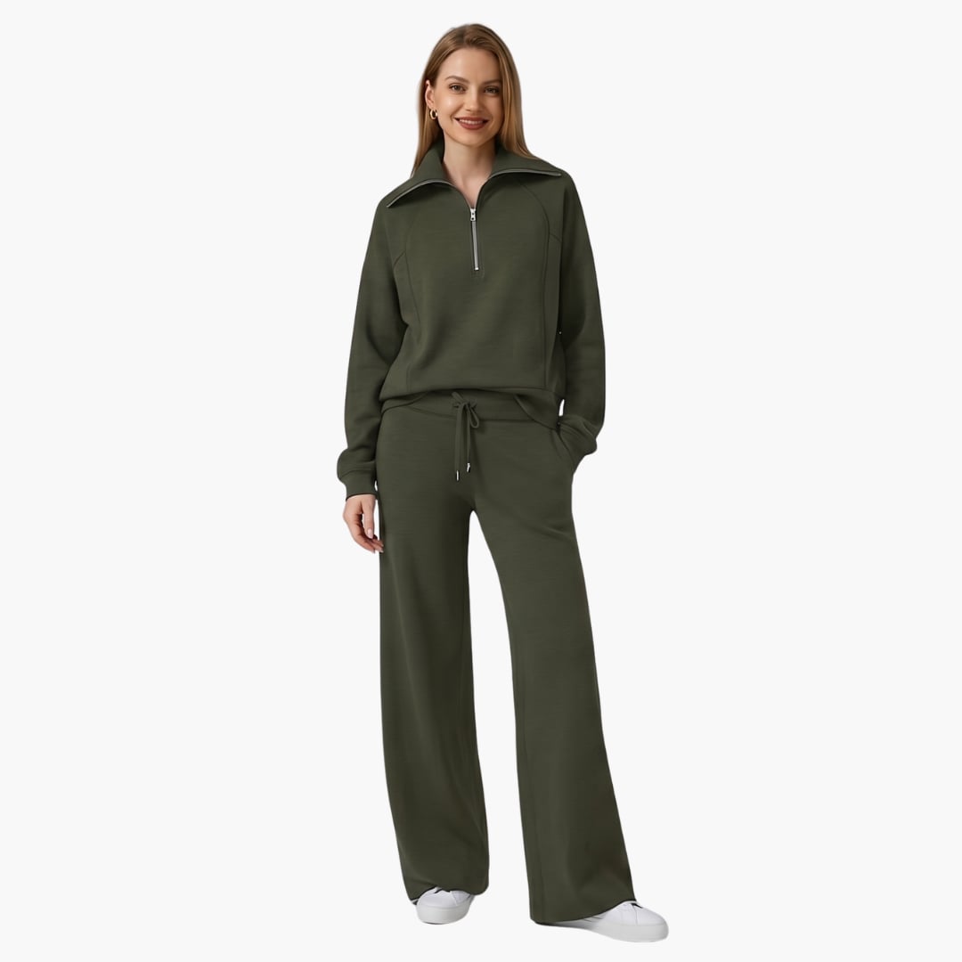 Women's half zip wide leg lounge set in navy full-length back view
