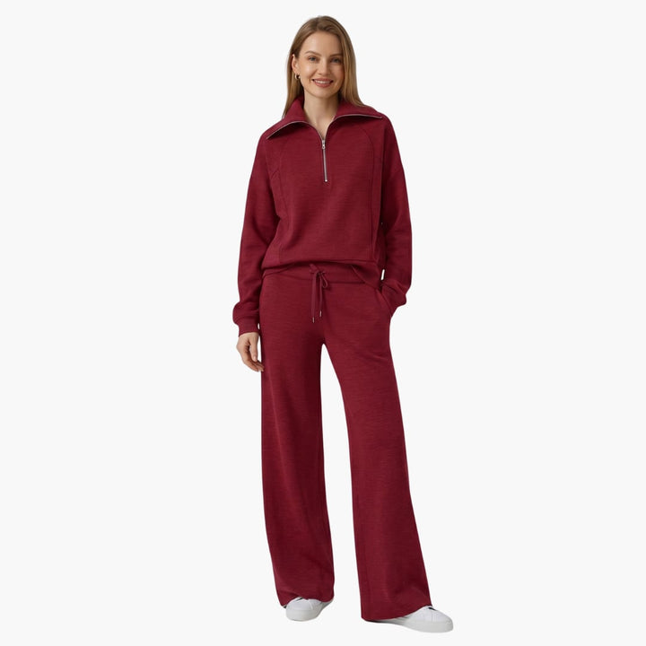 Women's half zip wide leg lounge set in apricot showing mock collar closeup