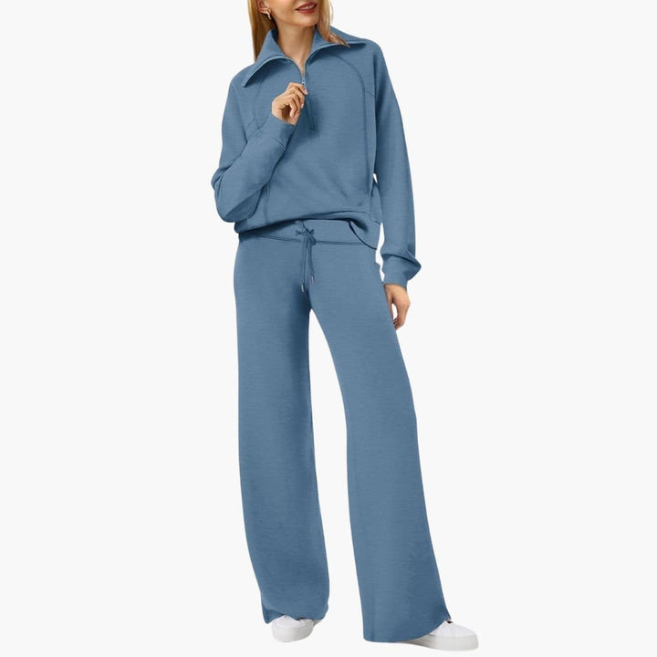 Women's half zip wide leg lounge set in brown close-up of wide leg hem