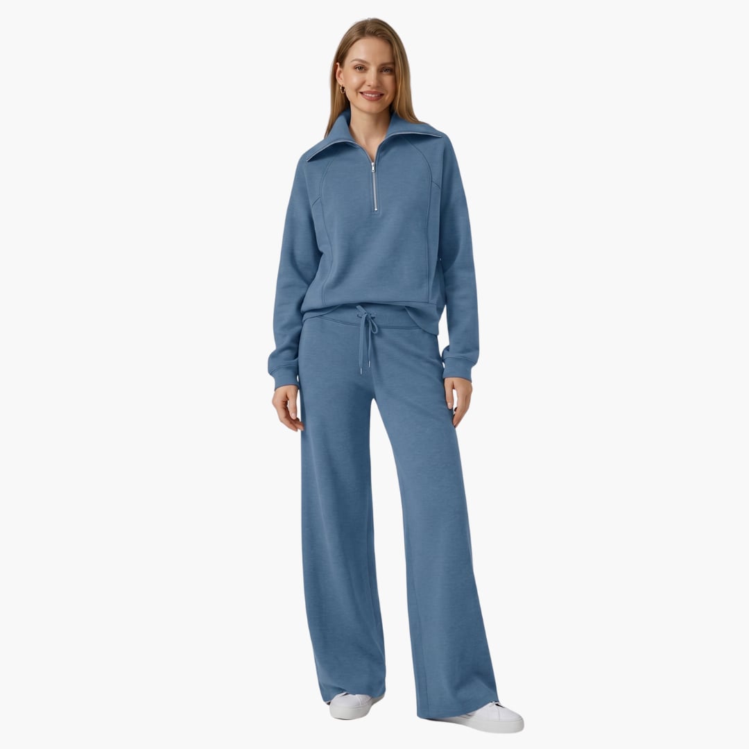 Women's half zip wide leg lounge set in green full-length side view