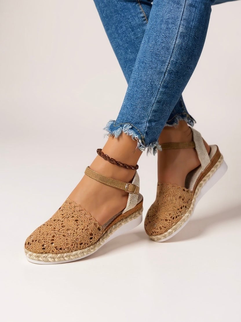 Darby boho woven platform sandals in beige with crochet strap detail, front view