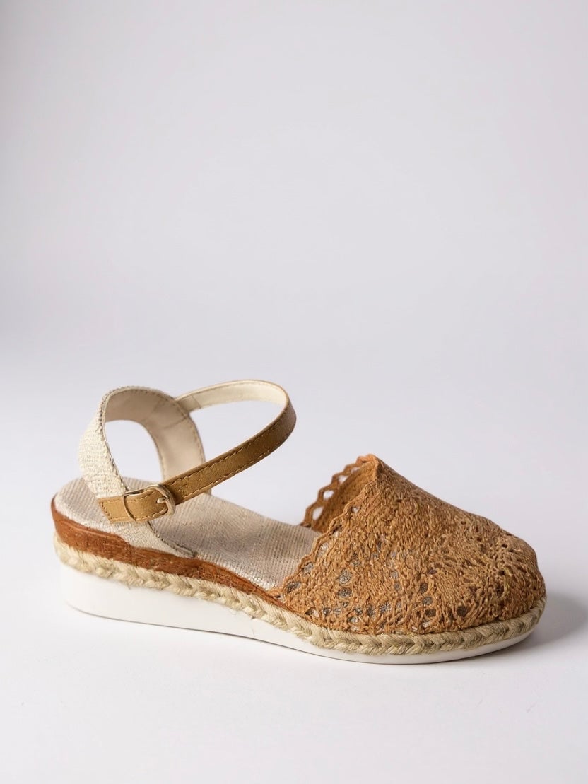 Darby boho woven platform sandals in beige, side profile showing cushioned platform sole