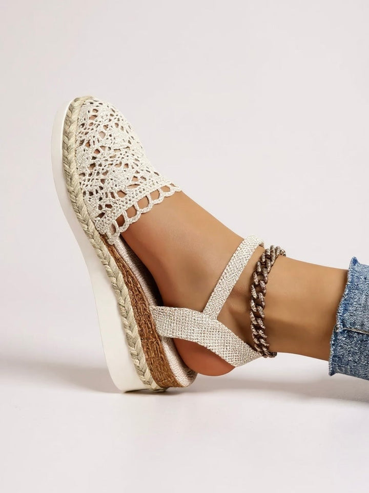 Darby crochet platform sandals in beige, close-up of woven strap texture