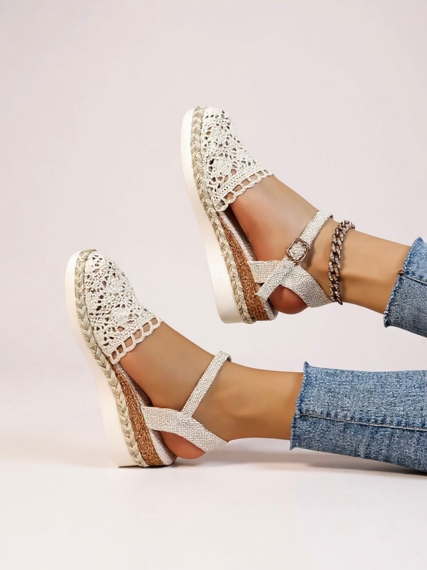 Darby platform sandals in beige worn on model, styled with a flowy summer dress