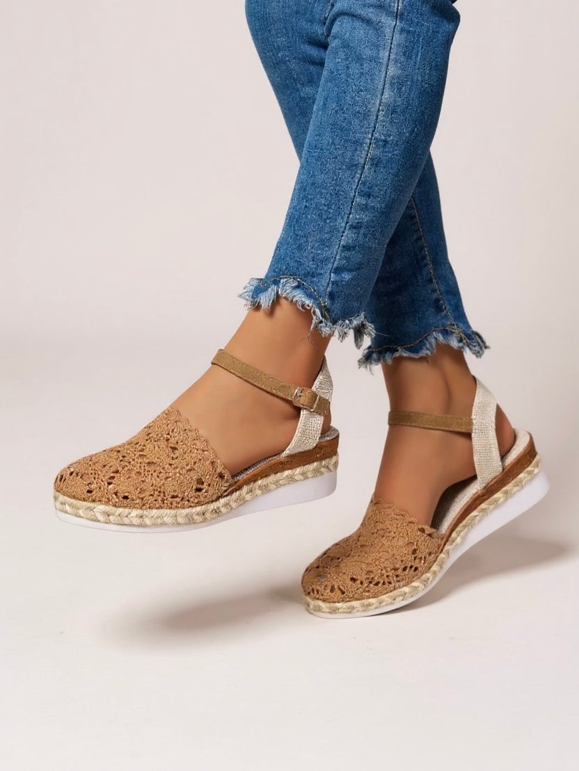 Darby crochet platform sandals in brown, side profile showing platform height