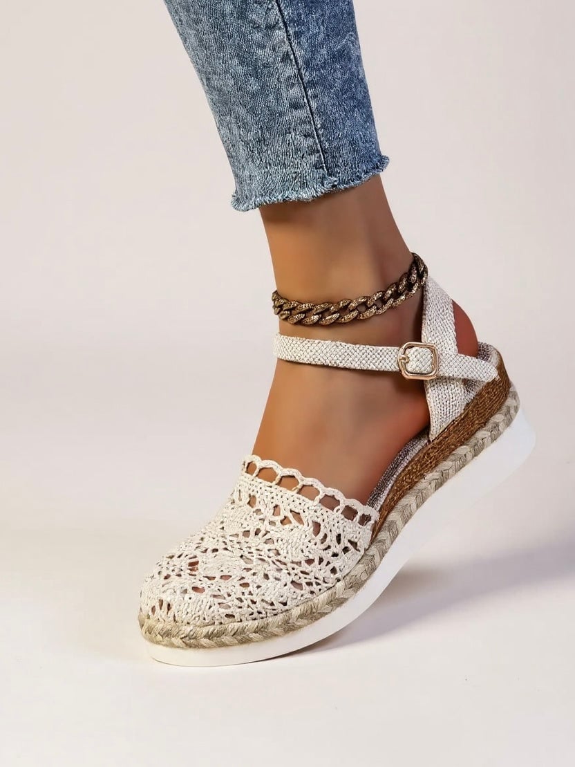Darby woven sandals in brown, close-up of handcrafted crochet strap detail