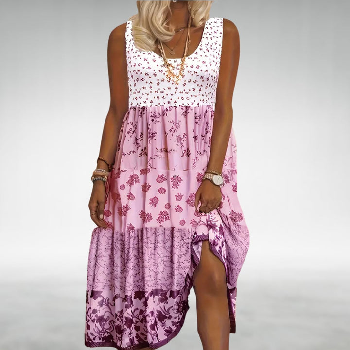 Side view of the Darby flowy lace dress highlighting the graceful, breathable fabric drape