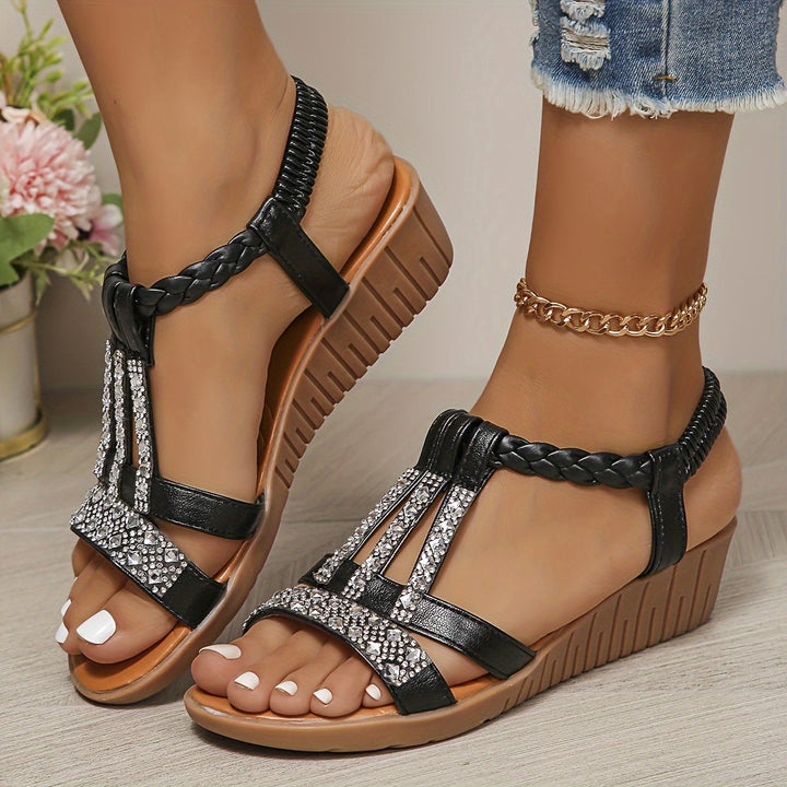 Side view of Darby rhinestone woven sandals in silver highlighting the flexible lightweight construction