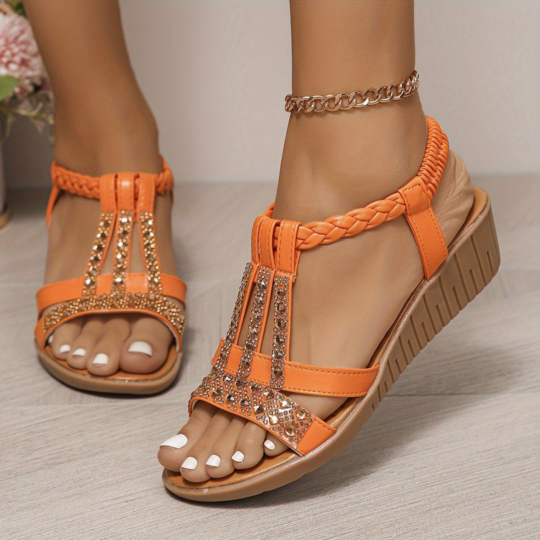 Darby rhinestone woven sandals in light blue with crystal-adorned braided straps