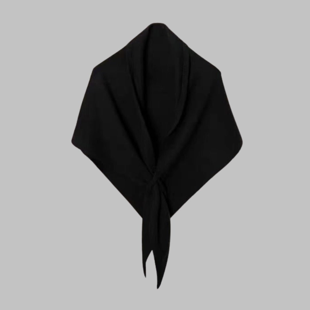 Khaki striped triangle shawl draped over shoulders on model