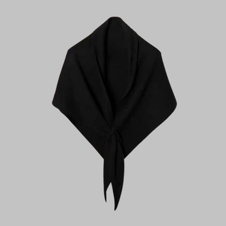 Khaki striped triangle shawl draped over shoulders on model