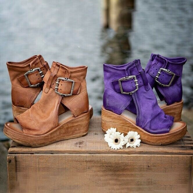 Close-up of cushioned footbed and orthopedic arch support on boho wedge sandals