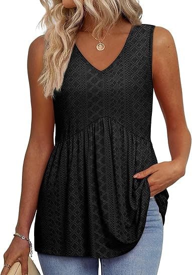 Woman wearing a relaxed-fit sleeveless casual top in a neutral color, styled for everyday wear