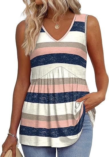 Sleeveless casual top in orange colorway worn with a flowy skirt for a summery ensemble