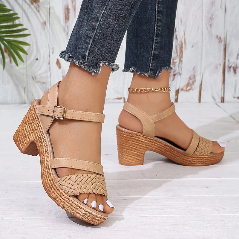 Top-down view of khaki woven platform sandals showing the open-toe design