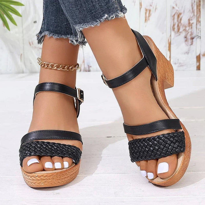 Three color options of woven platform sandals in khaki, white, and black displayed together