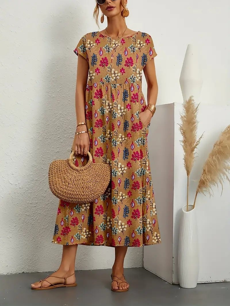 Full-length view of elegant floral dress with side pockets, styled casually for a summer day look