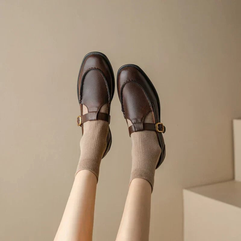 Delia retro Mary Jane shoes in dark brown with low block heel, front three-quarter view