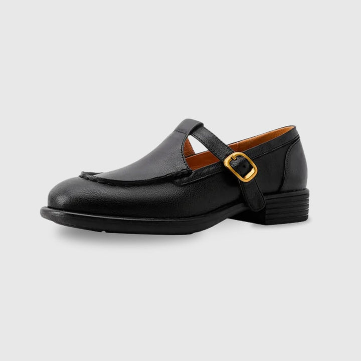 Overhead flat-lay of Delia Mary Jane shoes in black and brown side by side