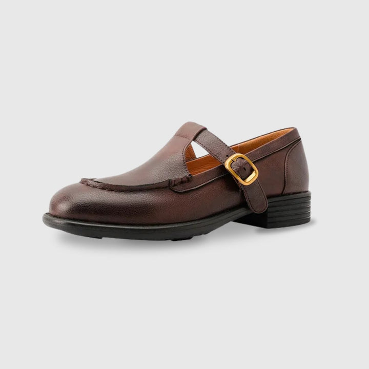 Lifestyle shot of Delia retro T-strap Mary Jane shoes styled with a midi skirt outfit