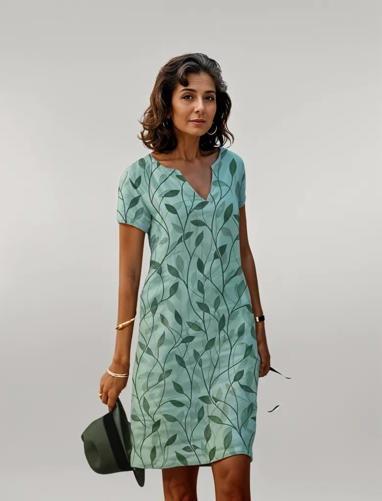 Woman wearing the Delilah stylish dress in a relaxed summer setting, showcasing its flattering feminine silhouette