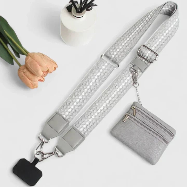 Green elegant phone holder with adjustable strap on a clean background