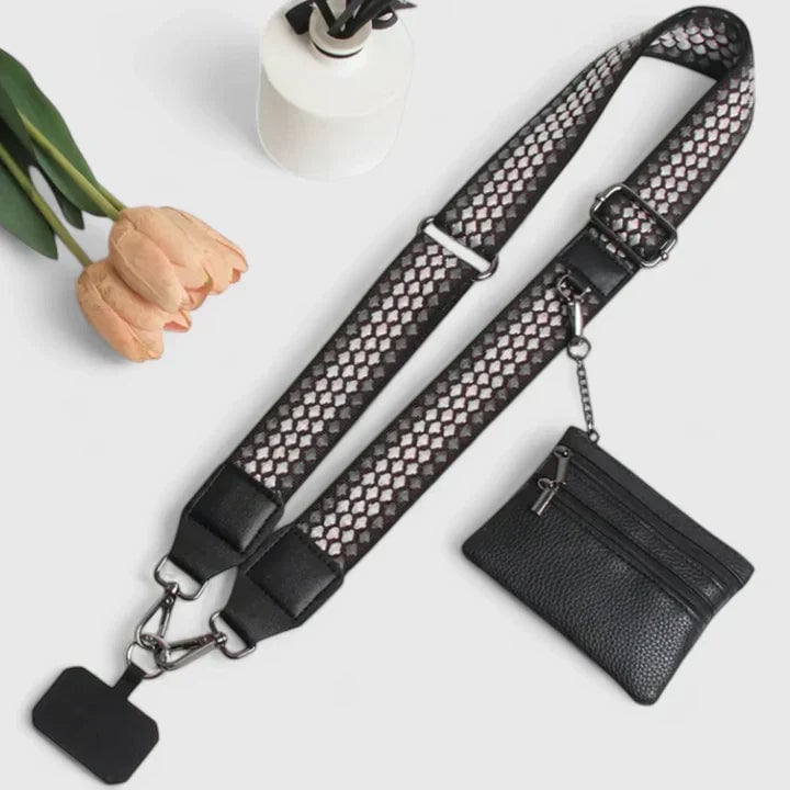 Pink phone holder with adjustable strap, styled as an everyday accessory