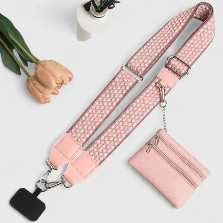 Yellow phone holder with adjustable strap shown in a flat lay style