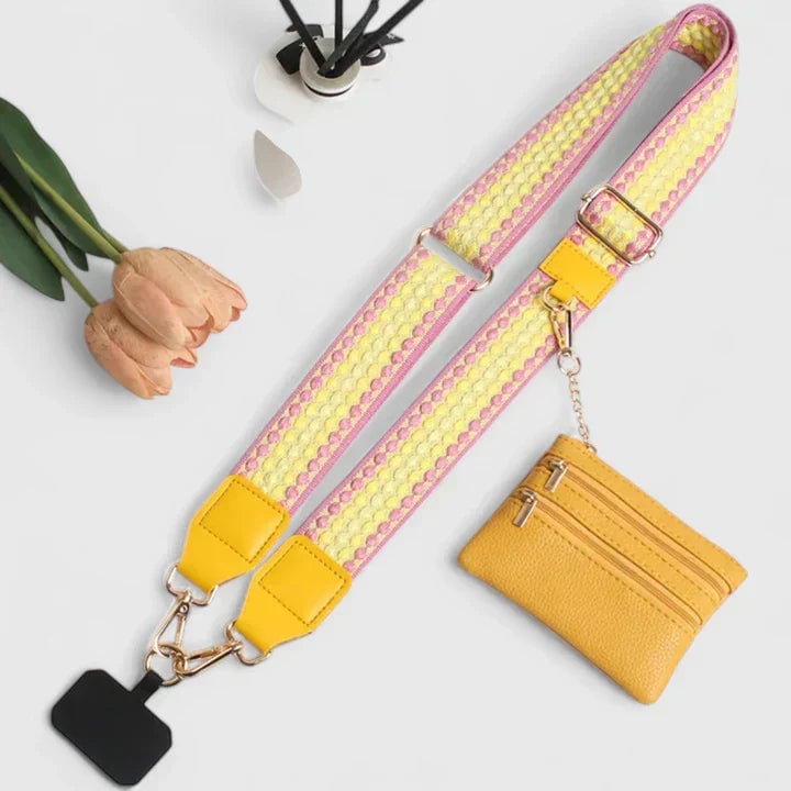 Close-up of the adjustable strap detail on an elegant phone holder